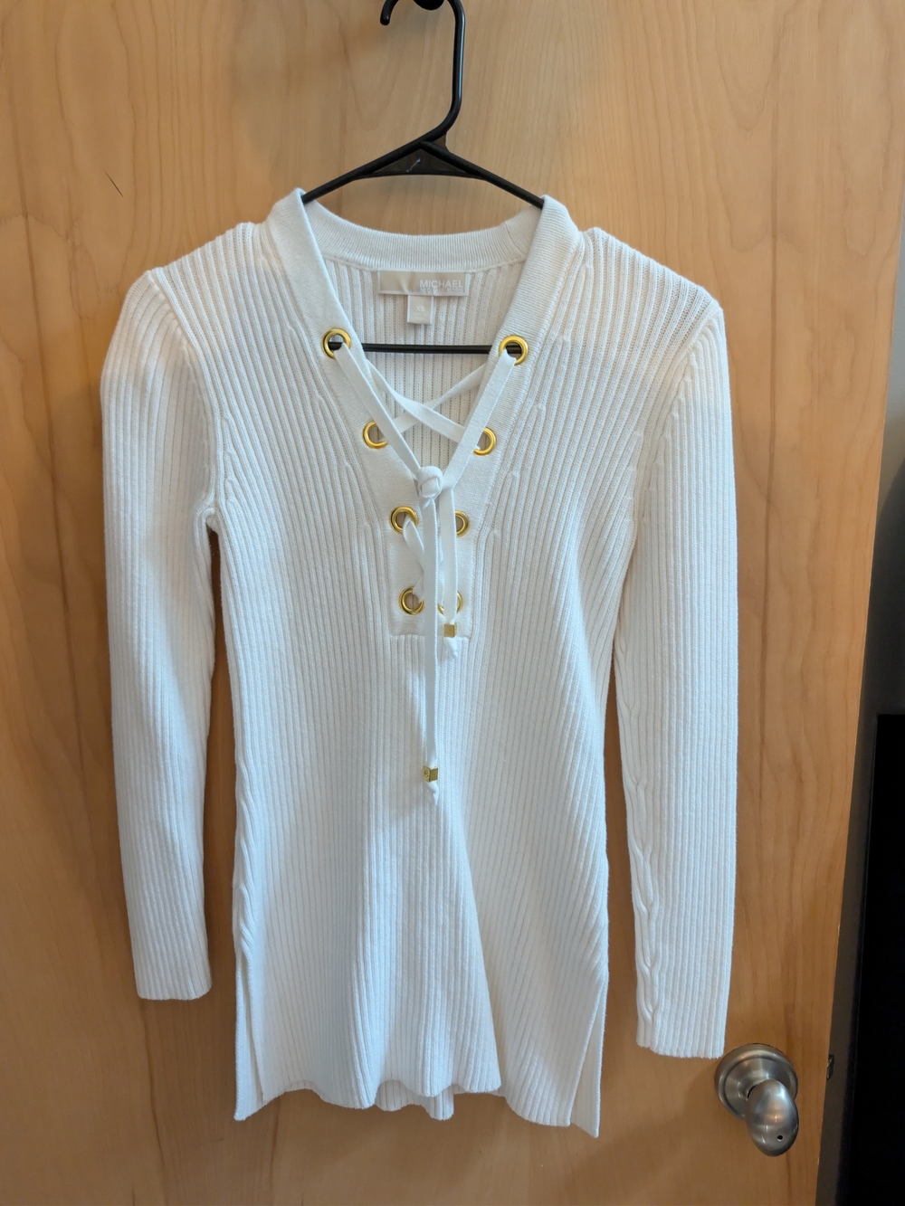 Michael Kors White Ribbed Lace-Up Long Sleeve Top with Gold Eyelets